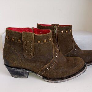 FERRINI Wmns 8B Studded Western Booties-Teju Lizard Sage Green-Round Toe-2" Heel